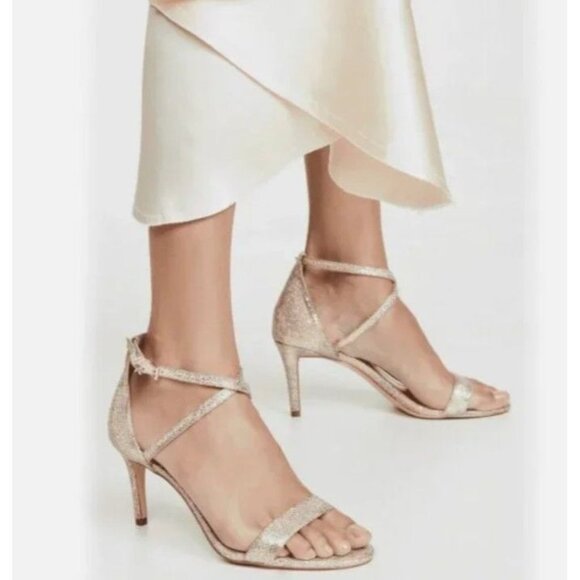 Michael Michael Kors Ava Mid Sandals Glitter Mesh in Sand Gold Size 5 NIB - Picture 1 of 7
